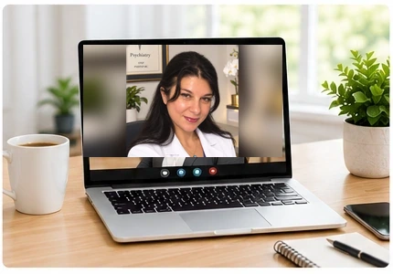 Telepsychiatry visit shown on a laptop beside a coffee cup